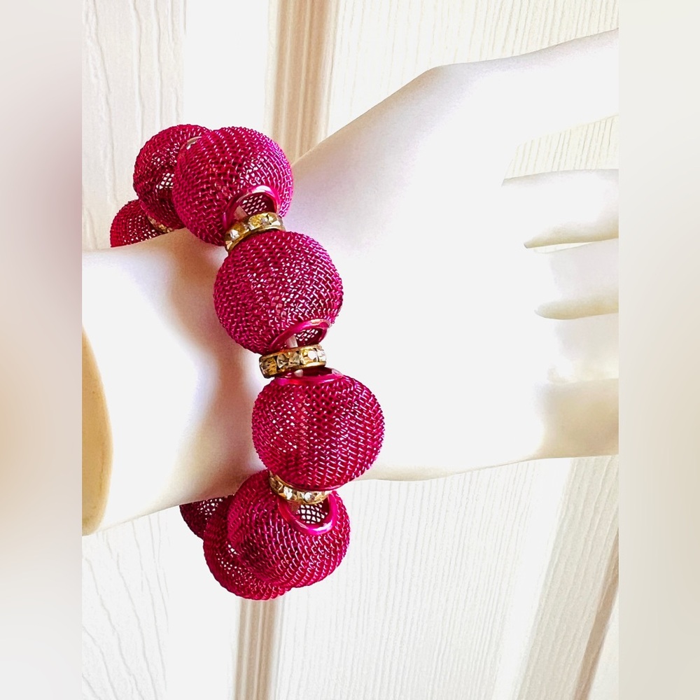 Vintage chunky Hot Pink Bracelet Stretchy Metal Mesh rheistones 6 - 7" - Picture 3 of 12